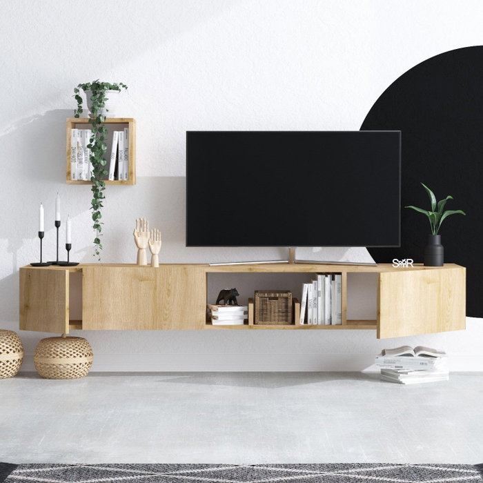Hanah Home Mueble TV Roble Zafiro 180cm Ancho, Estante Pared 25cm, Cómoda 50cm